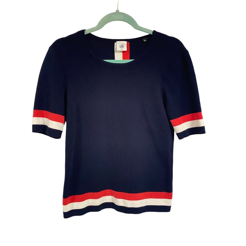 Cabi Hampton Shell Knit Nautical Short‎ Sleeve Sweater Blue, Red, White Size M
